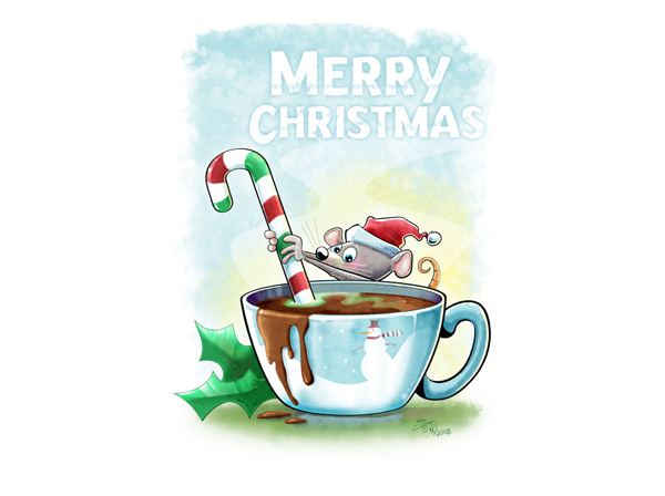 Christmas mouse stirring hot chocolate