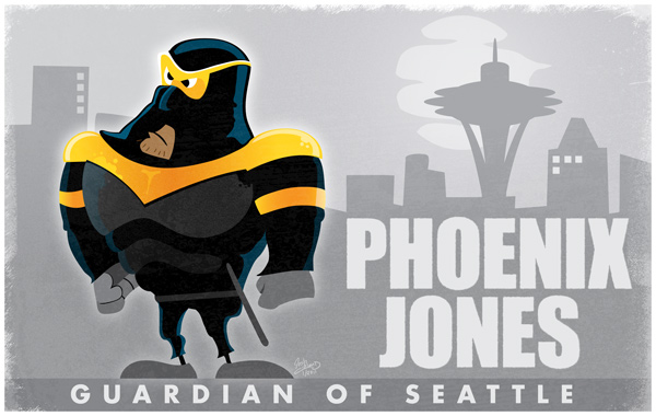 Cartoon illustration of Phoenix Jones guardian of Seattle