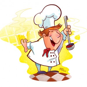 Cartoon vector illustration of a happy, joyful chef