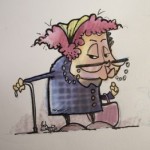 Pencil cartoon sketch of an old, mean lady