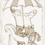 Pencil cartoon sketch of alligator riding a bicycle in Paris