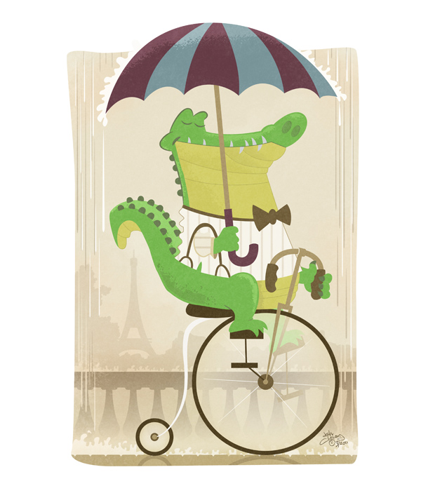 Alligator riding an old-fashioned bicycle in Paris, France
