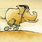 Sketch illustration of an elephant on a racing bicycle wearing a helmet