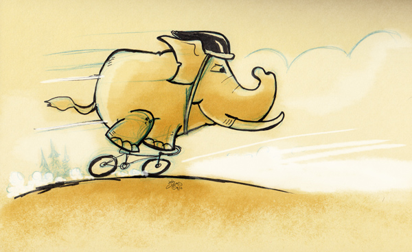 Sketch illustration of an elephant on a racing bicycle wearing a helmet