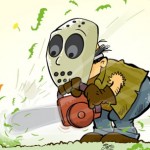 Illustration of masked guy trimming tulips using chainsaw